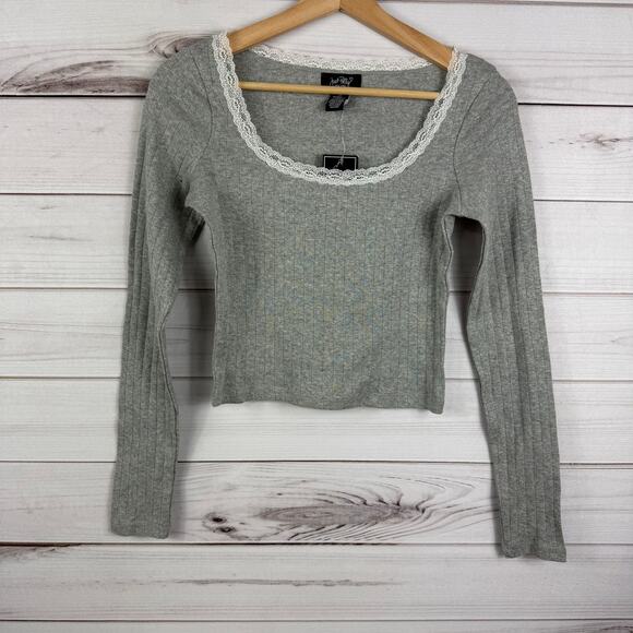 Just‎ Polly Womens Cropped Gray Lace Trim Long Sleeve Small NWT - Picture 1 of 7